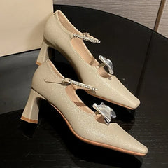 Elegant Bow Decoration Chunky Heel Pumps Rhinestone Ankle Strap Square Toe High Heels Wedding Bride Shoes