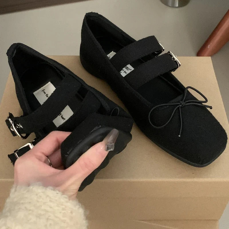 Simple Soft Bottom Buckle Flat Mary Jane Shoes Comfortable Bowknot Square Toe Shoes Backless Loafer Shoes