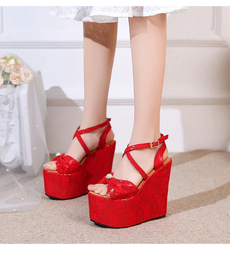 Red High Heel Wedge Shoes Platform Open Toe Heel