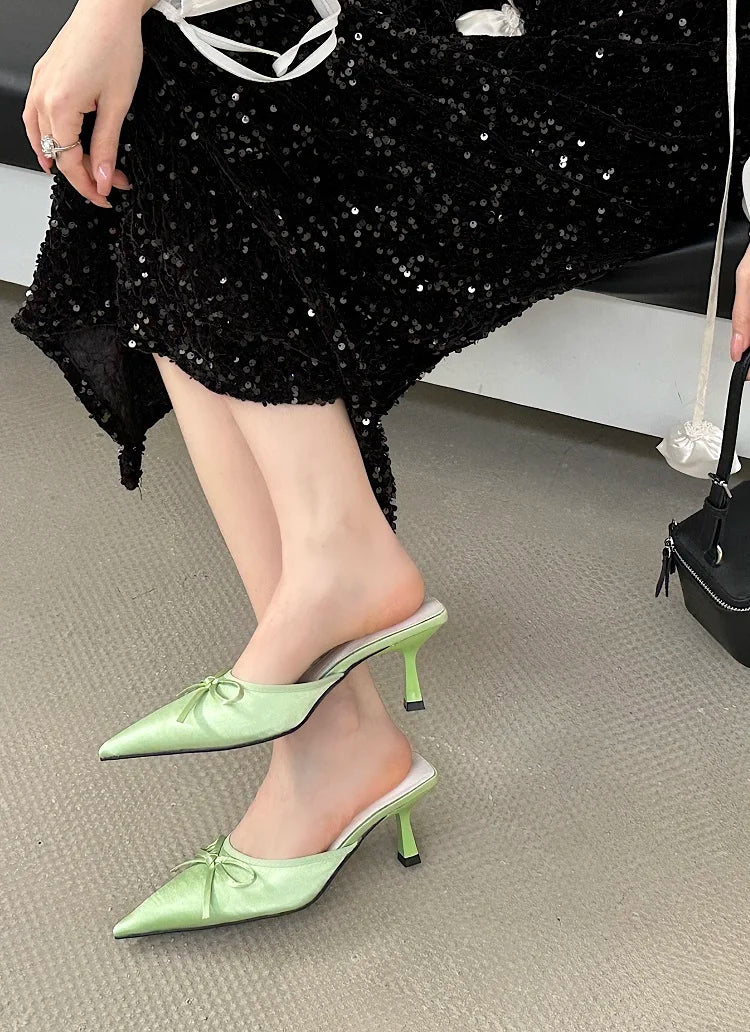 Butterfly-knot Slipper Pointed Toe Slip On Mules Thin Low Heel Zapatos Mujer