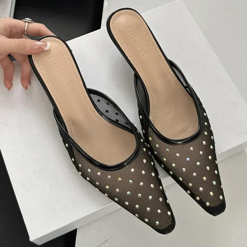 Mesh Rhinestone High Heels Breathable Pointy Toe Shallow Mouth Slippers