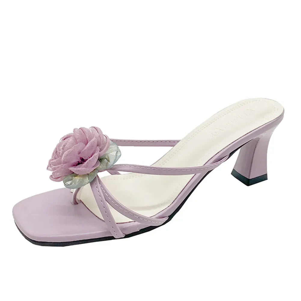 Sandals Open Toe Flower Decor Slip On Thick Heels Vacation Elegant Outdoor Beach Slides Slipper Shoes Woman