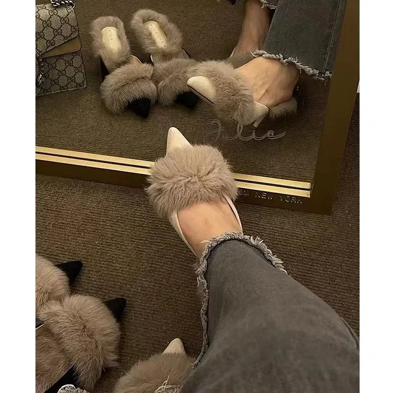 High Heel Shoes Fur Slippers Mules Pointed Toe Furry Slides Elegant Flip Flops Office Pumps
