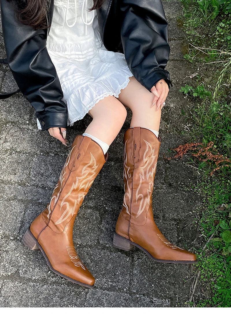 Vintage Western Cowboy Boots Slip On Thick Heel Shoes Embroidery Knight Botas
