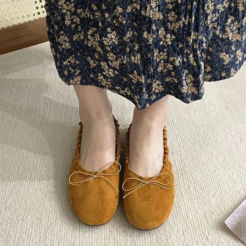 Suede Retro Bowknot Round Toe Flat Shoes Soft Sole Comfort