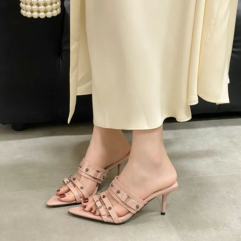 Pointed Toe Heels Pumps Slides Shoes In Slip Rivet High Heels Shoes