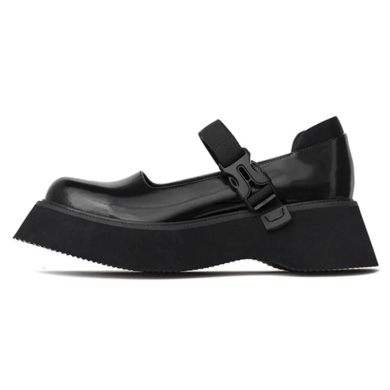 Retro Round Toe Block Heel Mary Jane Shoes Patent Leather Black Platform Pumps College Thick-Soled Japanese Style Loafers