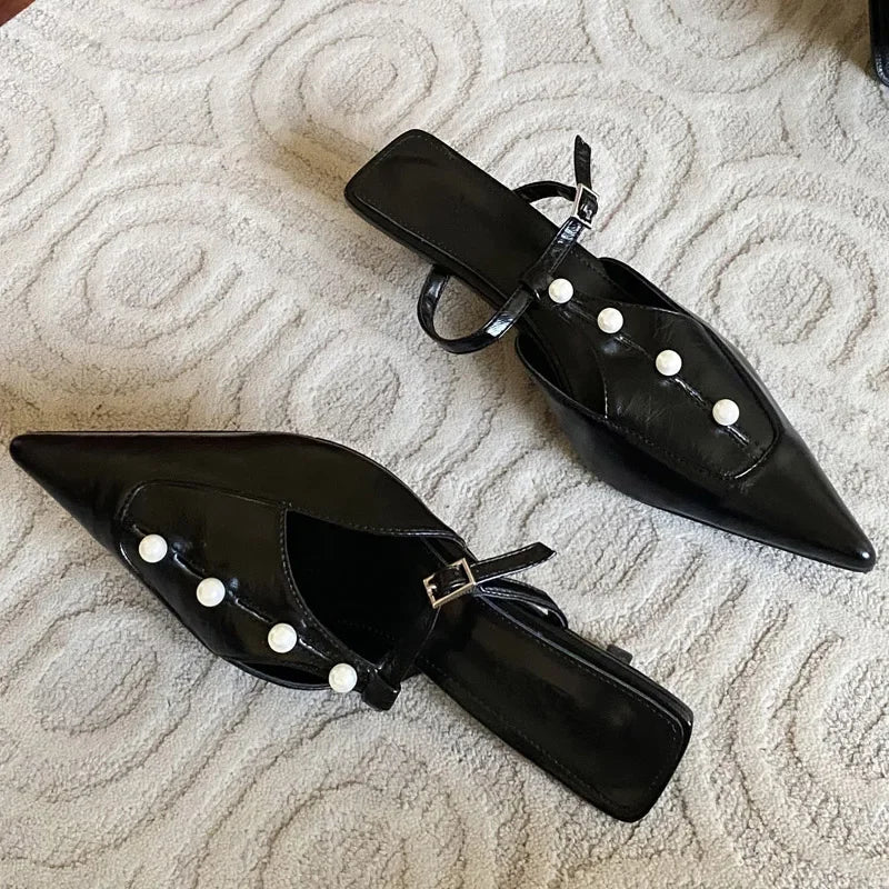 Woman Pumps String Pearl Pointed Toe Thin Low Heels Shoes Elegant Buckle Strap Zapatos De Mujer
