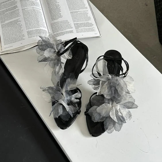 Mesh Flower Sandals Stiletto Heels Open Toe Ankle Straps Elegant Hollow Dress Party Daily Shoes