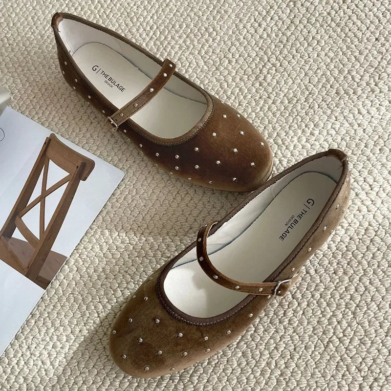 Cute Satin Velvet Rivet Decoration Flat Shoes Comfort Mary Jane Shoe Elegant Ballet Flats Loafers
