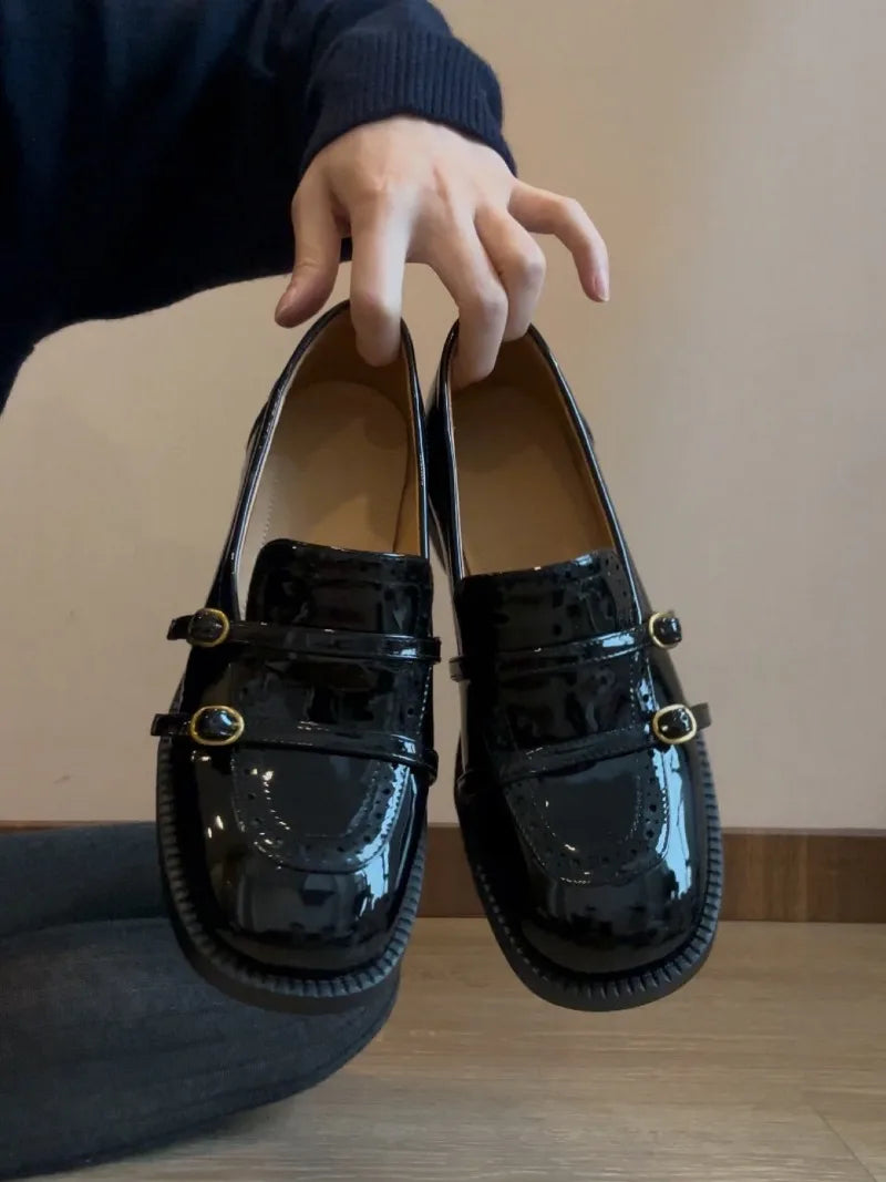 High Quality Patent Leather Loafers Double Narrow Band Buckle Shoes Retro British Style Zapatos De Mujer