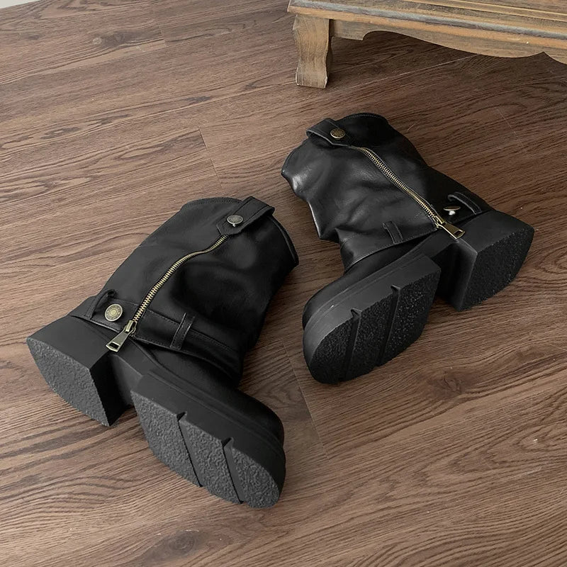 Knee High Boots Western Round Toe Long Boots Western Shoes Chunky Heel Platform