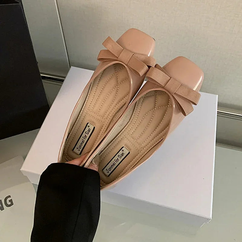 Mary Jane Shoes Square Toe Flats Shallow Dress Shoe Butterfly Knot Patent Leather Soft Soled Ballet Shoes