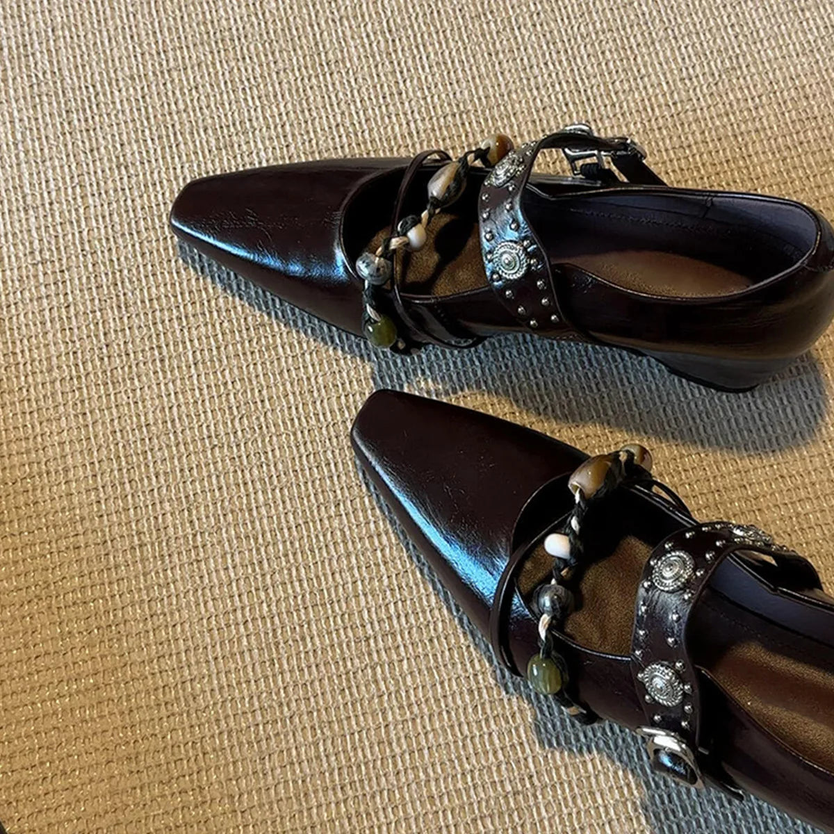 Genuine Leather Flat Shoes Square Toe Mary Jane Style Shoes Bead Decoration Comfortable Loafers Shoes