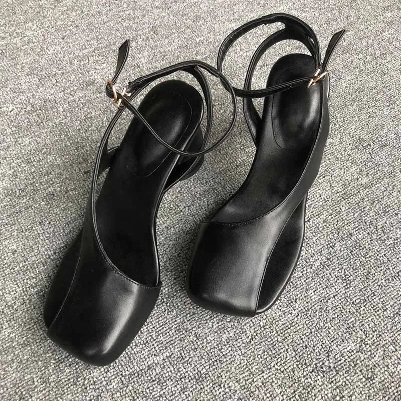 Leather Sandals Square Toe Ankle Strap Chunky Heel Elegant Party Evening