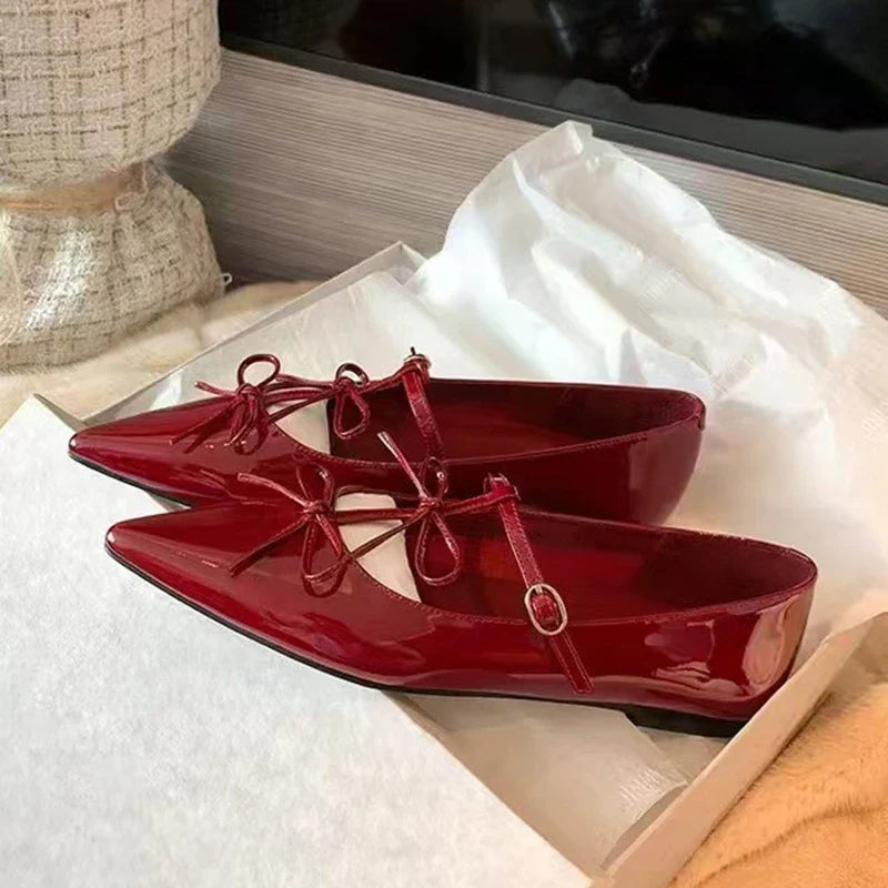 T-strap flats double bowtie ankle strap party shoes woman pointed toe cutout mary janes japanned leather loafers