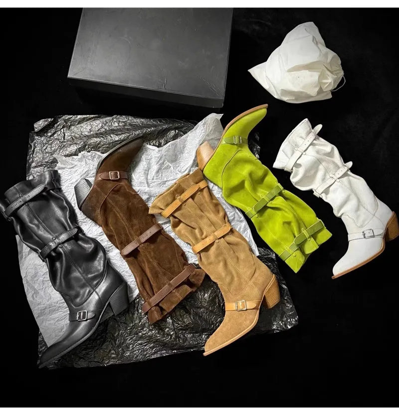 Vintage Pleated Belt Buckle Faux Suede Knee High Boots High heels Western Cowboy Knight Boots Shoes