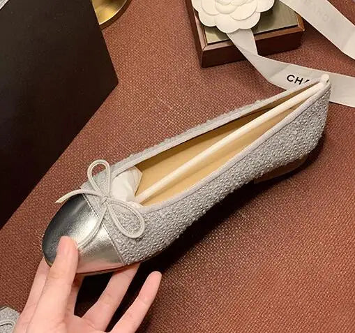 Mixed Color Silver Bowtie Ballets Round Toe Flats Office Slip On Loafers Tweed Cloth Ballerina Bridal Wedding Shoes