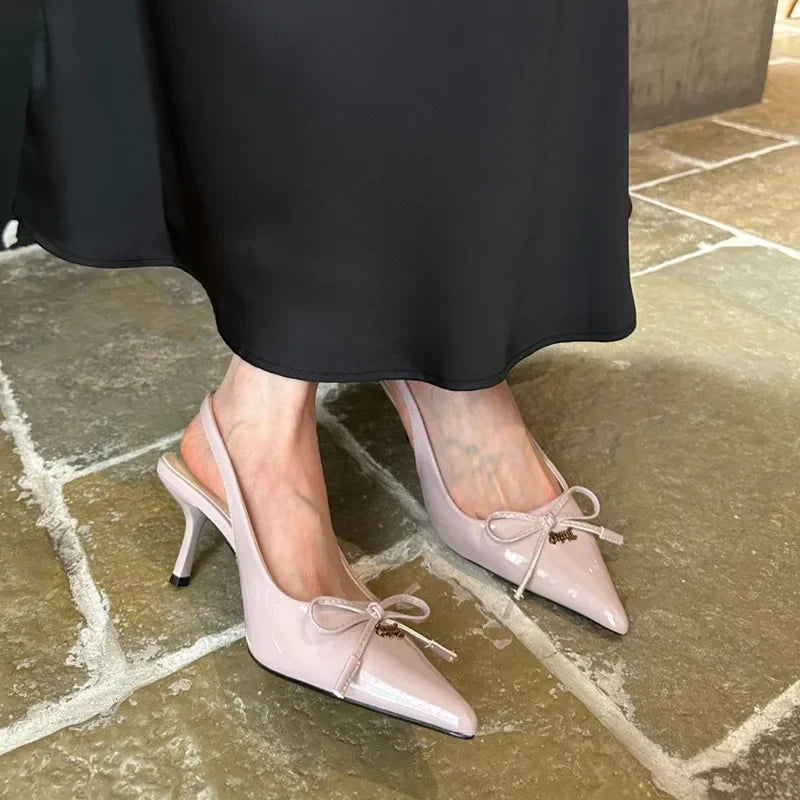 Bow Metal Buckle Design High Heels Pointed Toe Patent Leather Slingback Heeled Sandals Elegant Party Shoes