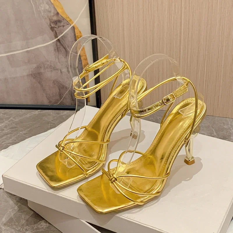 Square Toe Narrow Band Sandals Ankle Buckle Strap High Heels Party Sandalias Mujer