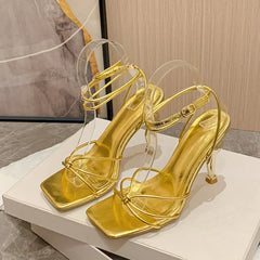Square Toe Narrow Band Sandals Ankle Buckle Strap High Heels Party Sandalias Mujer