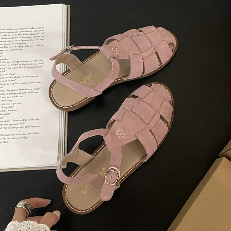 Roman Sandals Flat Retro Real Leather Sandals Hollowed Cage Shoes