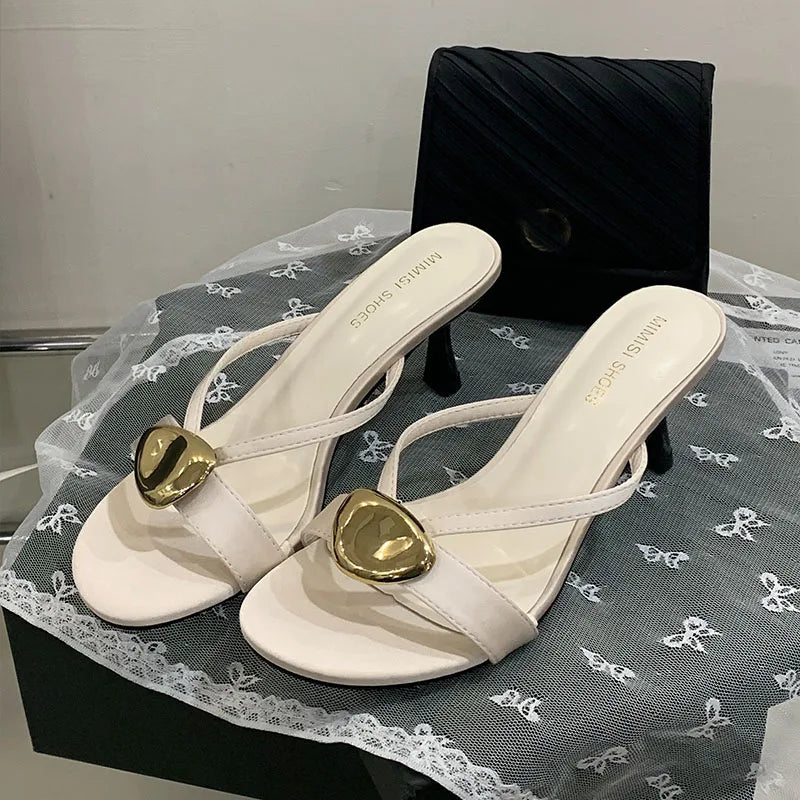 Metal High Heels Pumps Slides Shoes In Slip Round Toe Thin Heels Shoes