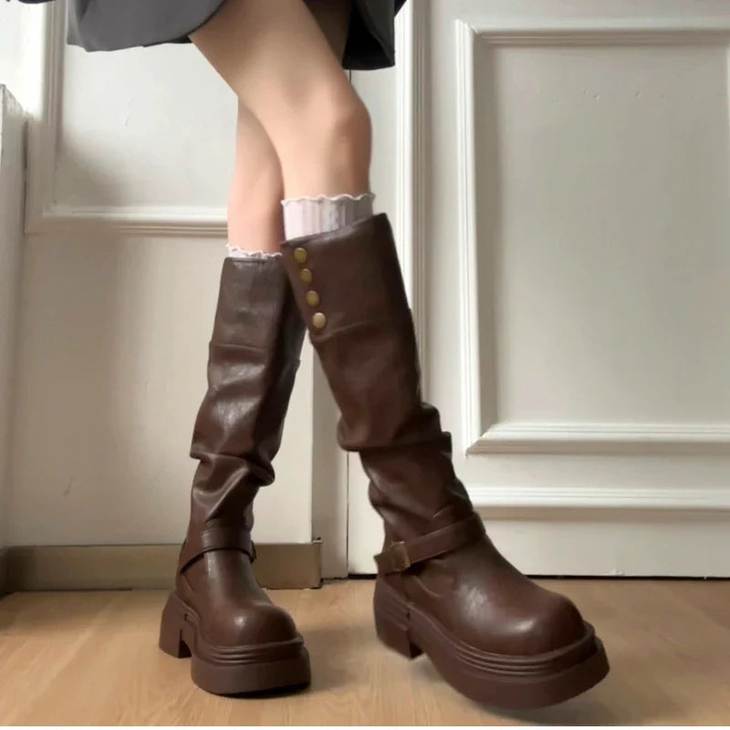Platform Thick Bottom Woman Knee High Boots Shoes Elegant Belt Buckle Knight Booties