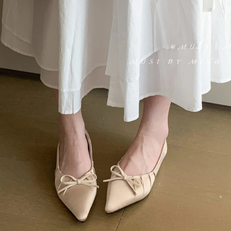 Elegant Satin Pleated Bow Flat Shoes Pointed Toe Casual Brand Design Party Comfortable Shallow