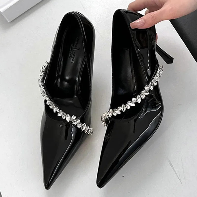 High Quality Rhinestone Decoration Pointed Toe Patent Leather Thin High Heels Elegant Party Dress Mules Shoes