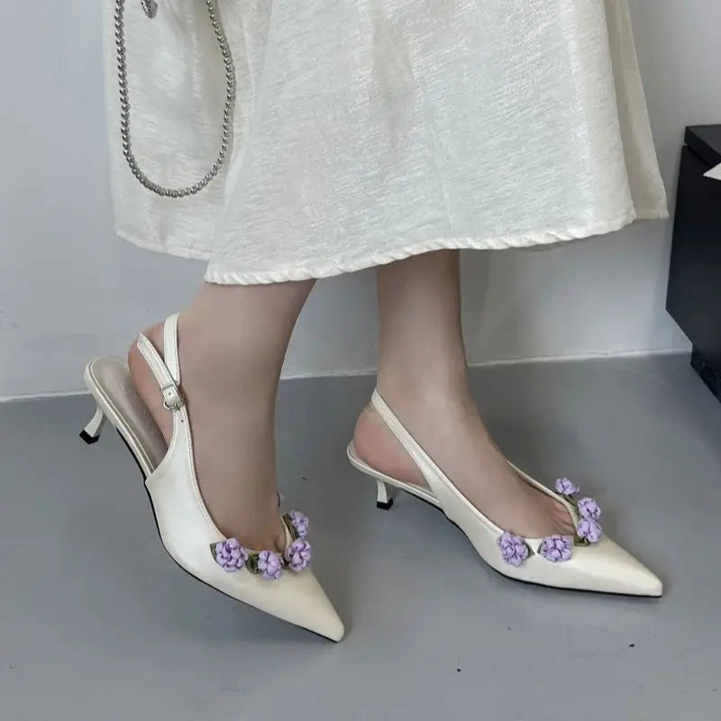 Pink High Heels Pointed Toe Slingback Shoes Small Flower Low Heel Office Shoes Black Pumps White Talons Femme