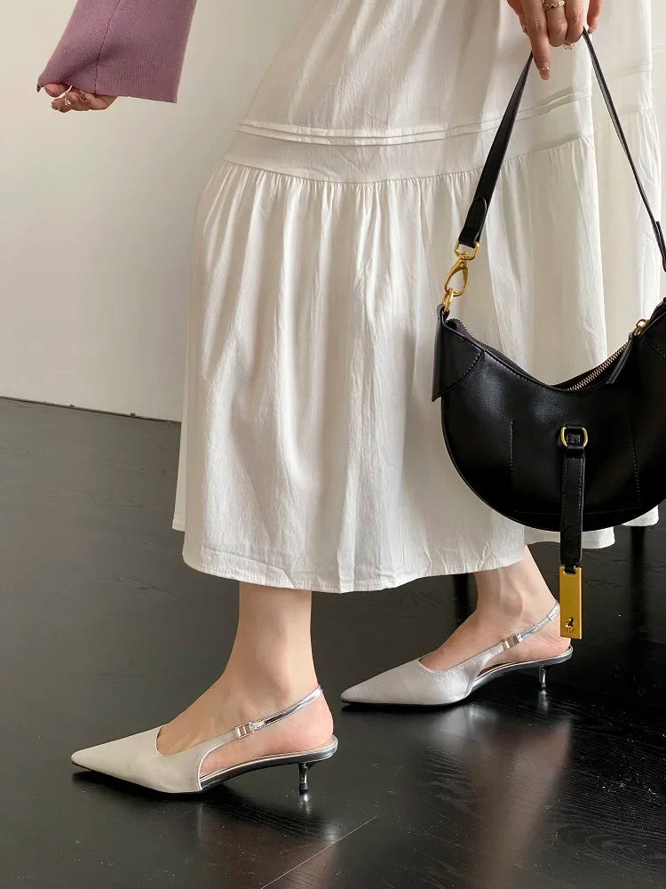 Satin Pointed Toe Mules Sandals High Quality Shallow Thin Low Heels