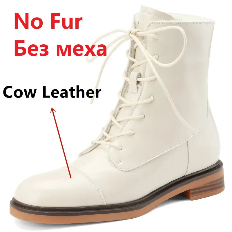 Ankle Boots Office Casual Genuine Leather Wool Low Heels Comfortable Shoes Woman High Quality