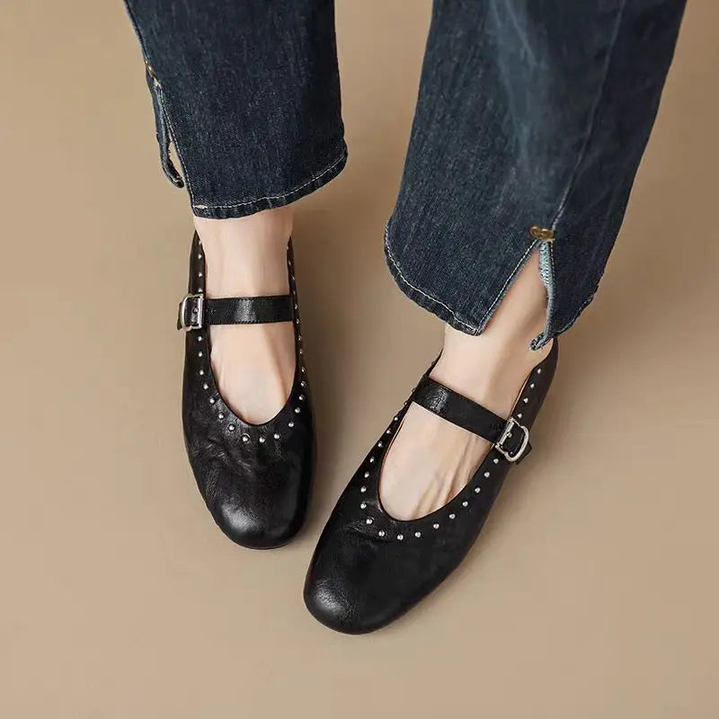 French Retro Mary Jane Ballet Shoes Flat Flat Casual Round Toe Riveted Shallow Mouth Single Shoes