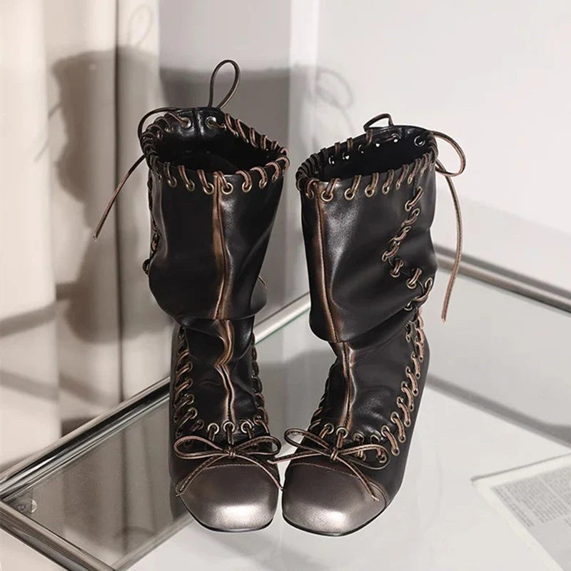 Vintage Pleated Mid-Calf Boots Cross-tied Square Toe Mid Heels Leather Novelty Concise Shoes