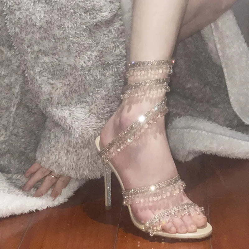 Stiletto Rhinestone Snake-Shaped Winding Crystal Pendant Sandals Fairy Style High-Heeled Roman Shoes