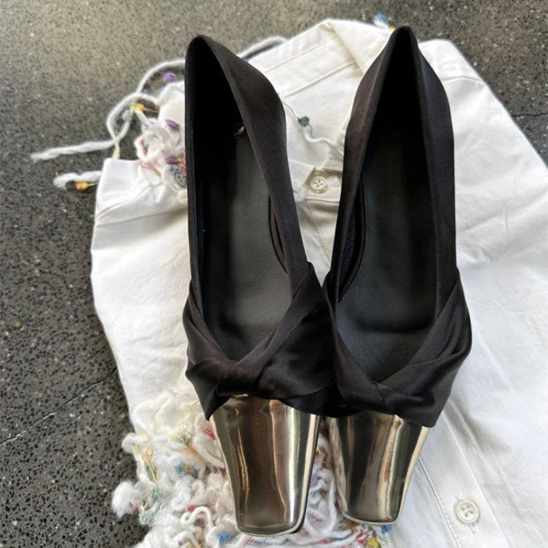 Metal Square Head Pumps Satin Flat Shoes Party Purple Comfy Casual FashionMueller Shoes