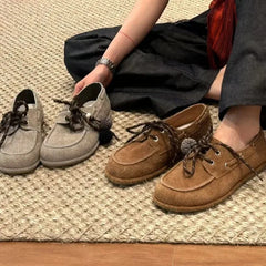 Round Toe Loafers Cow Suede Lace Up Flat Shoes Casual Versatile Doudou Shoes Soft Soled Lady Shoes