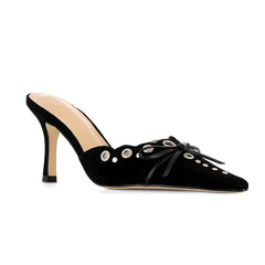 Suede Bow Cutout Pointed Toe Slippers Stiletto High Heels Metal Decorative Elegant Shallow Mules Shoes