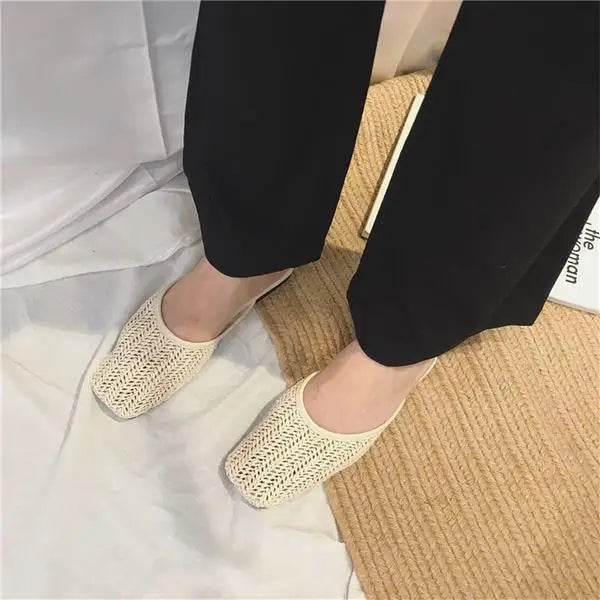 Shoes Slippers Soft Slides Slipers Cover Toe Low Loafers Fretwork Heels Comfort Flat Basic Fabric Rubber Cane PU