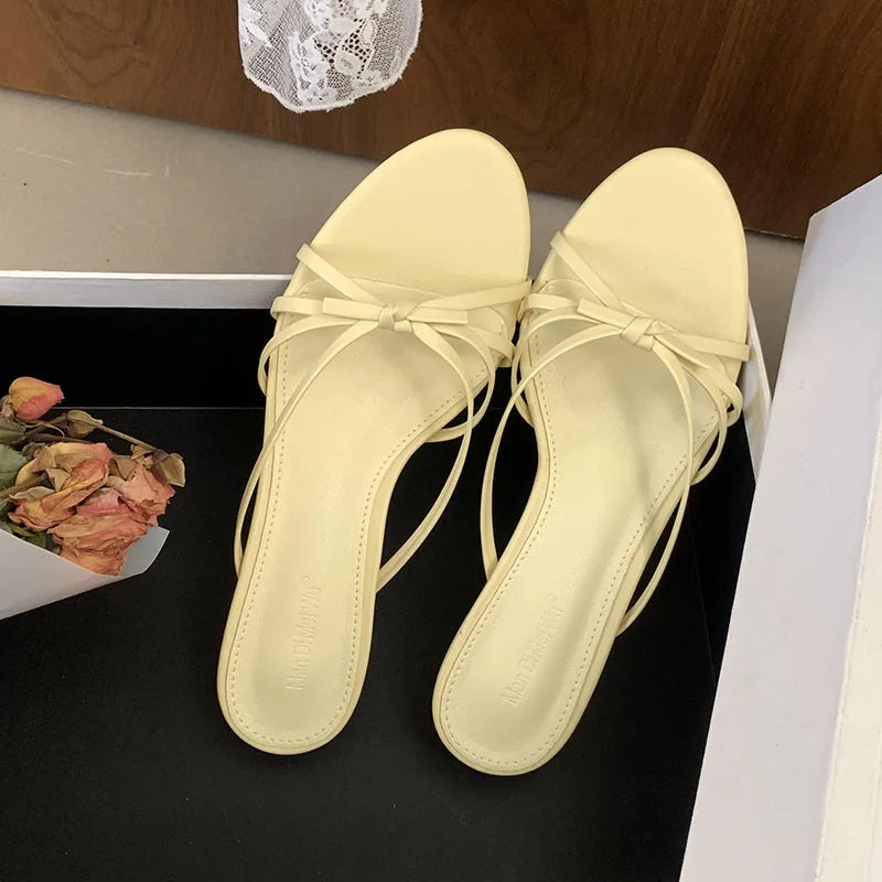 Butterfly-Knot Low Heel Slippers Shoes Round Toe Heeled Slippers