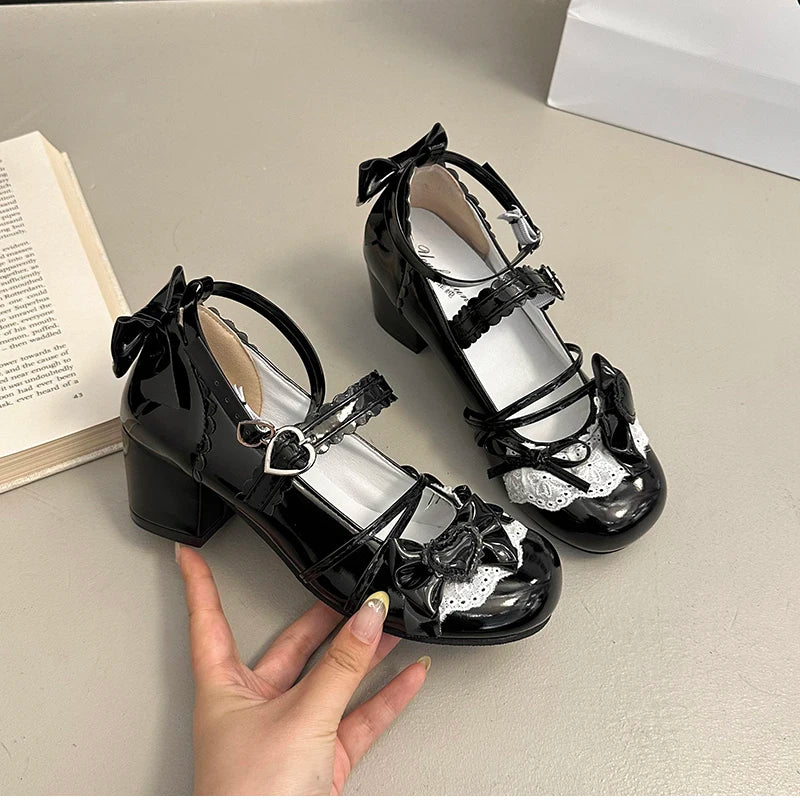 Butterfly-knot Lolita Mary Jane Shoes Elegant Round Toe Thick Heel Shoes Dress Pumps