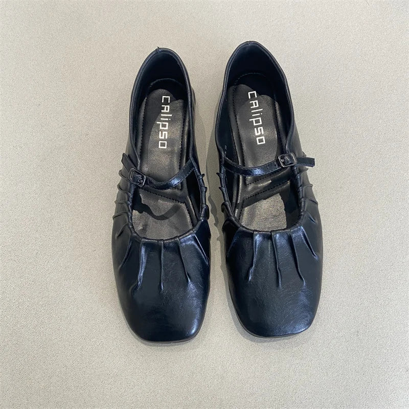 Pleated Mary Janes Flats Shoes Square Toe Pu Leather Comfortable Elegant Red Shoes Shallow Black Ballet Flats