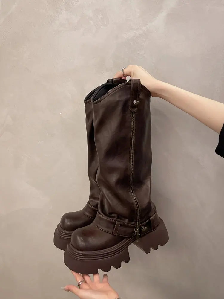 Knee High Boots Western Round Toe Long Boots Western Shoes Chunky Heel Platform