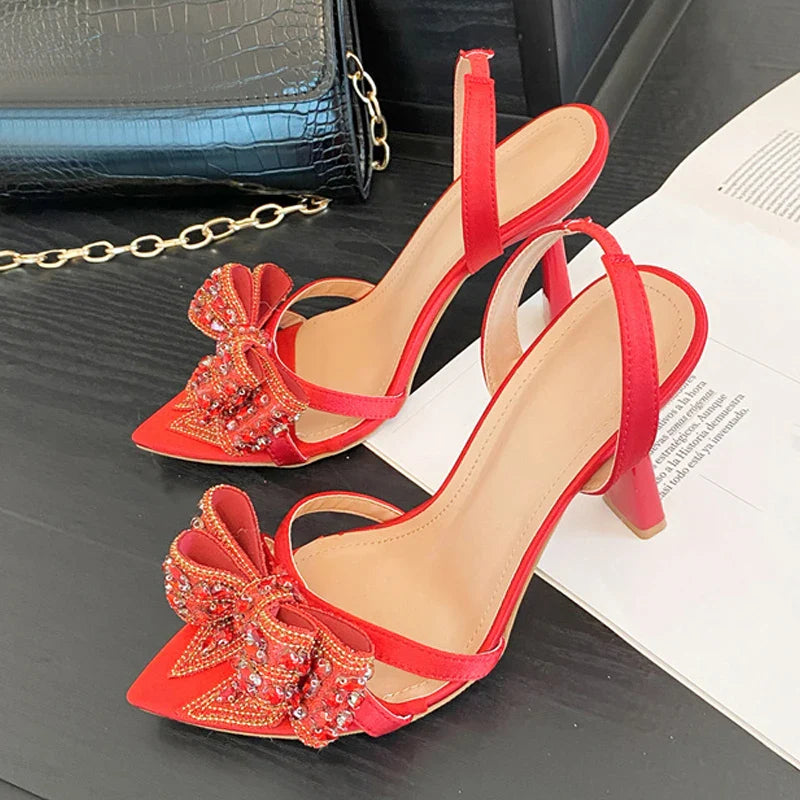 Crystal Rhinestone Bowknot Pointed Open Toe Back Strap Sandals Pink High Heels Wedding Prom Shoes Size 35-41