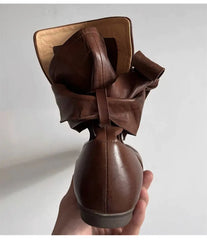 Soft Leather Lace-up Ankle Boots Comfortable Flats Short Booties Bowknot Chelsea Boots Shoes Botas