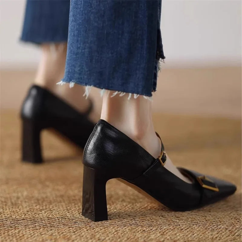 Metal Buckle Decoration Mary Jane Shoes Comfortable Leather High Heels Elegant Chunky Heel Zapatos De Mujer