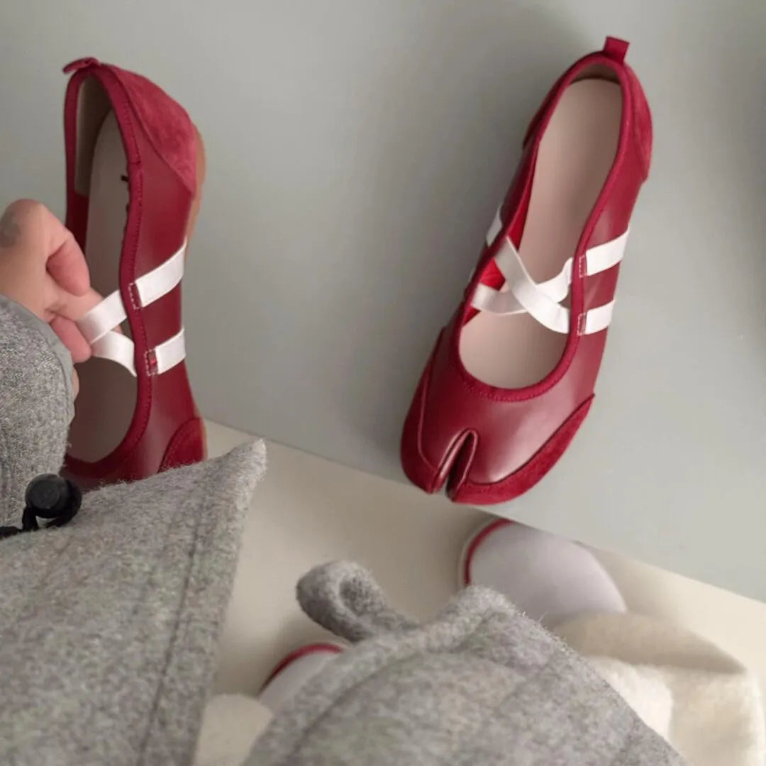 Split-Toe Casual Ballet Flats Shoes Pu Leather Cross Band Mary Janes Shoes Streetwear Elegant Loafers