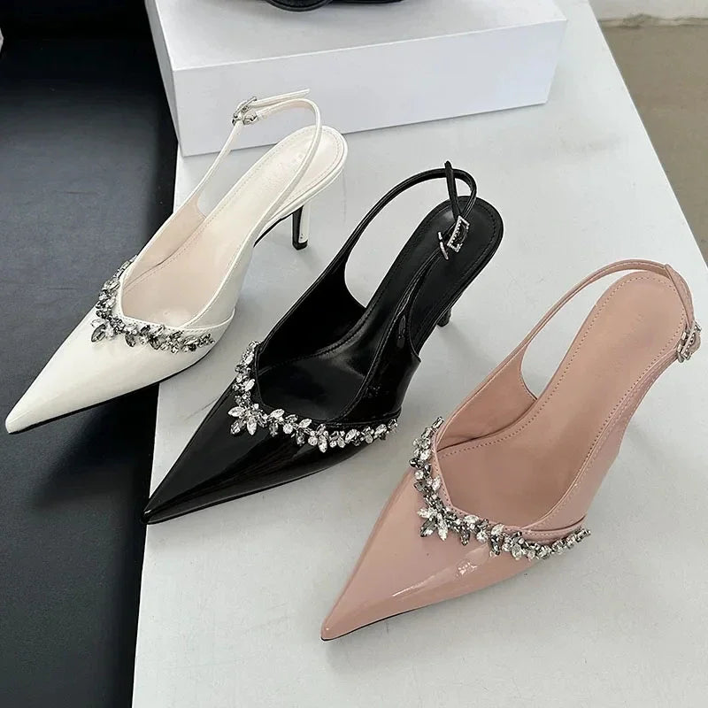 Crystal Pointed Toe High Heels Elegant Party Brand Slingbacks Sandals