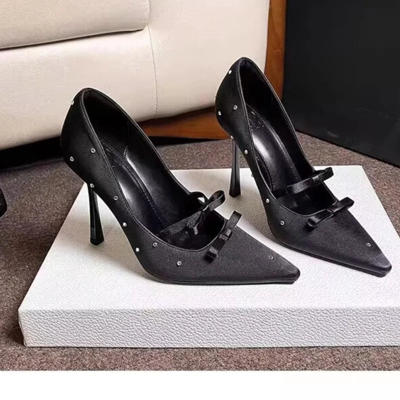 Thin Heel Shallow Mouth Single Shoes Banquet Bow Pointed Water Diamond Silk High Heels